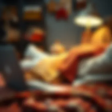 Online Shopping Comfort A cozy online shopping experience with a laptop and stylish fabric swatches