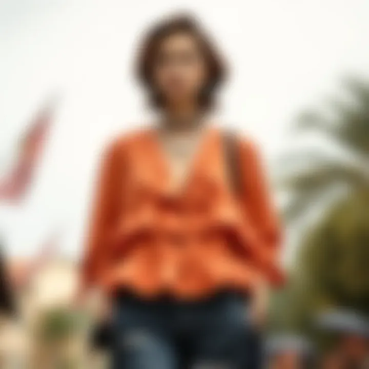 A fashionable ensemble featuring a front-ruffled tunic with accessories