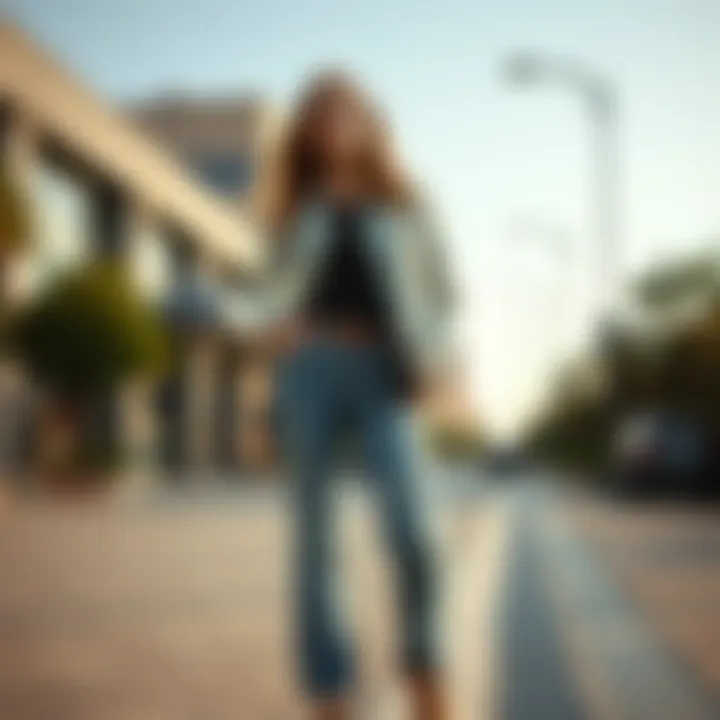 Casual Denim and Lightweight Top Ensemble Casual yet stylish pairing of denim pants with a lightweight top.