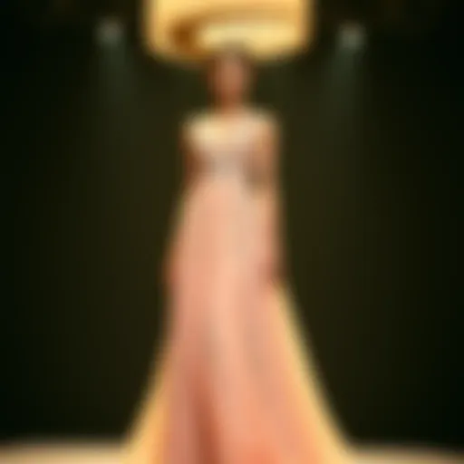 A dazzling evening gown showcasing fluid fabric and intricate embellishments.