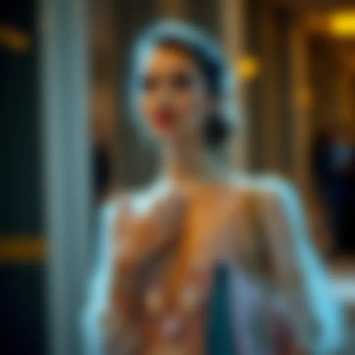 A stylish woman accessorizing a radiant dress for a formal event.