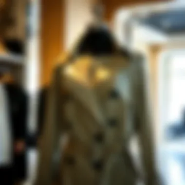Boutique Elegance: Shiny Trench Coat Elegant shiny trench coat displayed on a mannequin in a boutique setting
