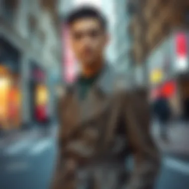 Urban Chic: Shiny Trench Coat Look Stylish individual wearing a shiny trench coat in an urban environment
