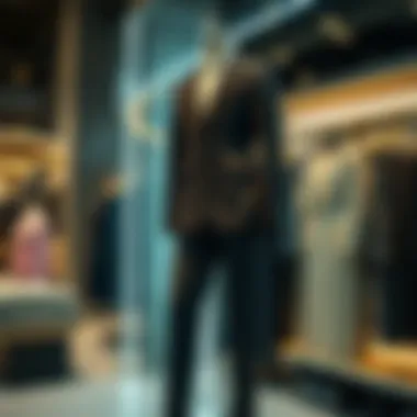 Fashion-Forward Display of Pleated Suits Fashion-forward pleated suit displayed in a stylish retail environment