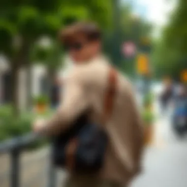 Individual Showcasing Versatility of Messenger Bag An individual confidently wearing a messenger bag, demonstrating its versatility in a casual outfit.