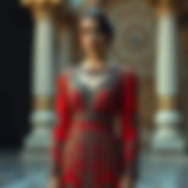 Elegant Roman concept henna dress showcasing intricate embroidery and vibrant colors.