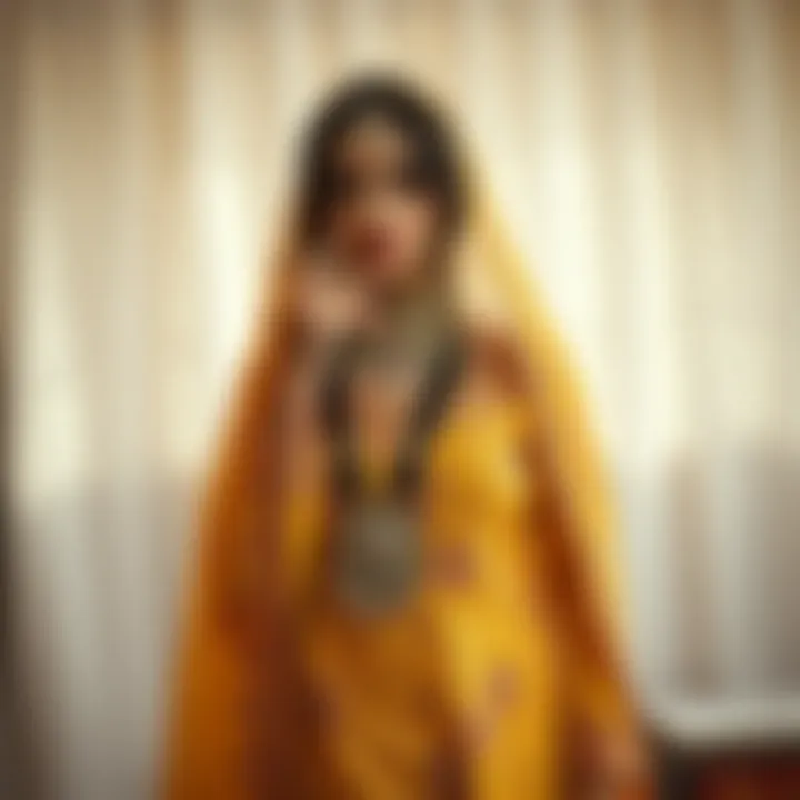 A stunning display of a modern interpretation of traditional henna attire with unique fabric choices.