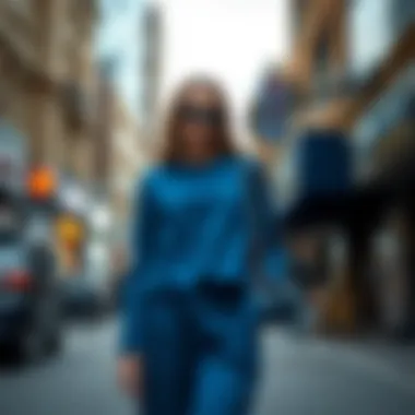 Fashion-forward individual wearing a saks blue two-piece in a chic urban environment