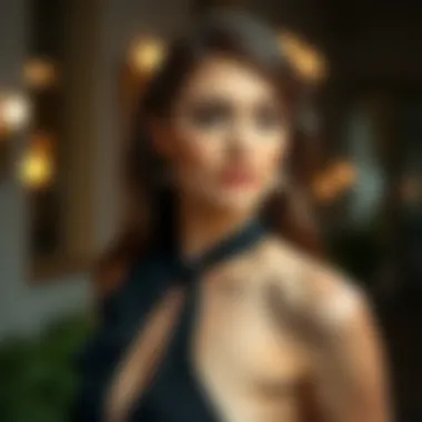 Elegant black halter neck dress styled for a formal event