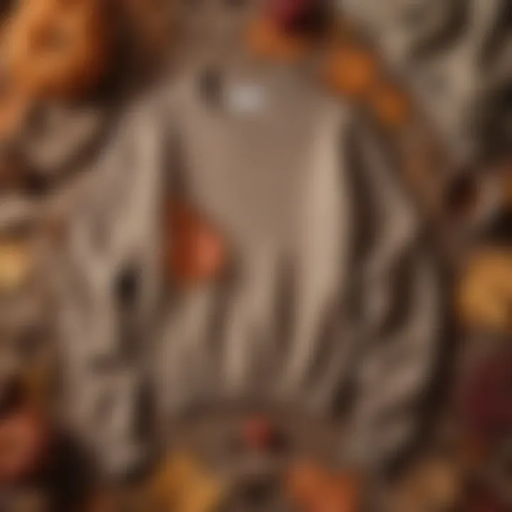 A cozy flat lay of taupe sweaters with autumn leaves and accessories.