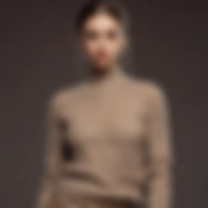 A model showcasing a taupe sweater paired with stylish bottoms and seasonal accessories.