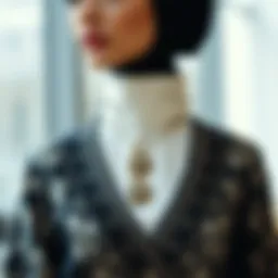 Elegant modest fashion ensemble showcasing intricate design details
