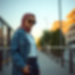 Stylish long denim jacket complementing a modest outfit