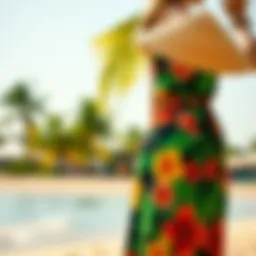 Vibrant tropical floral dress on a sunny beach