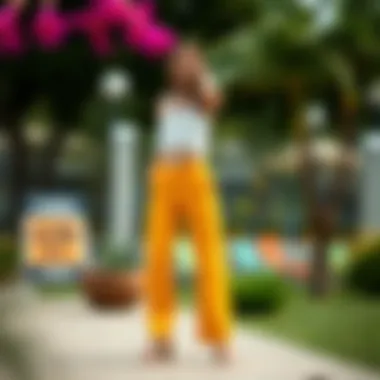 Chic Summer Trousers in Outdoor Setting Stylish summer trousers displayed on a vibrant outdoor setting