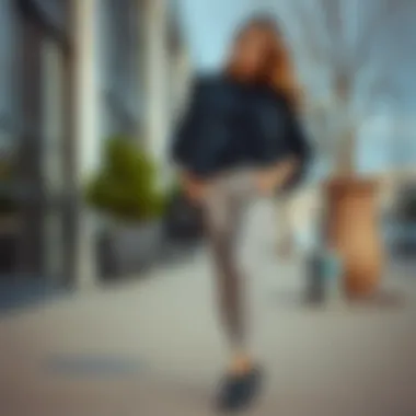 Fashionable woman showcasing snake print leggings in a casual setting